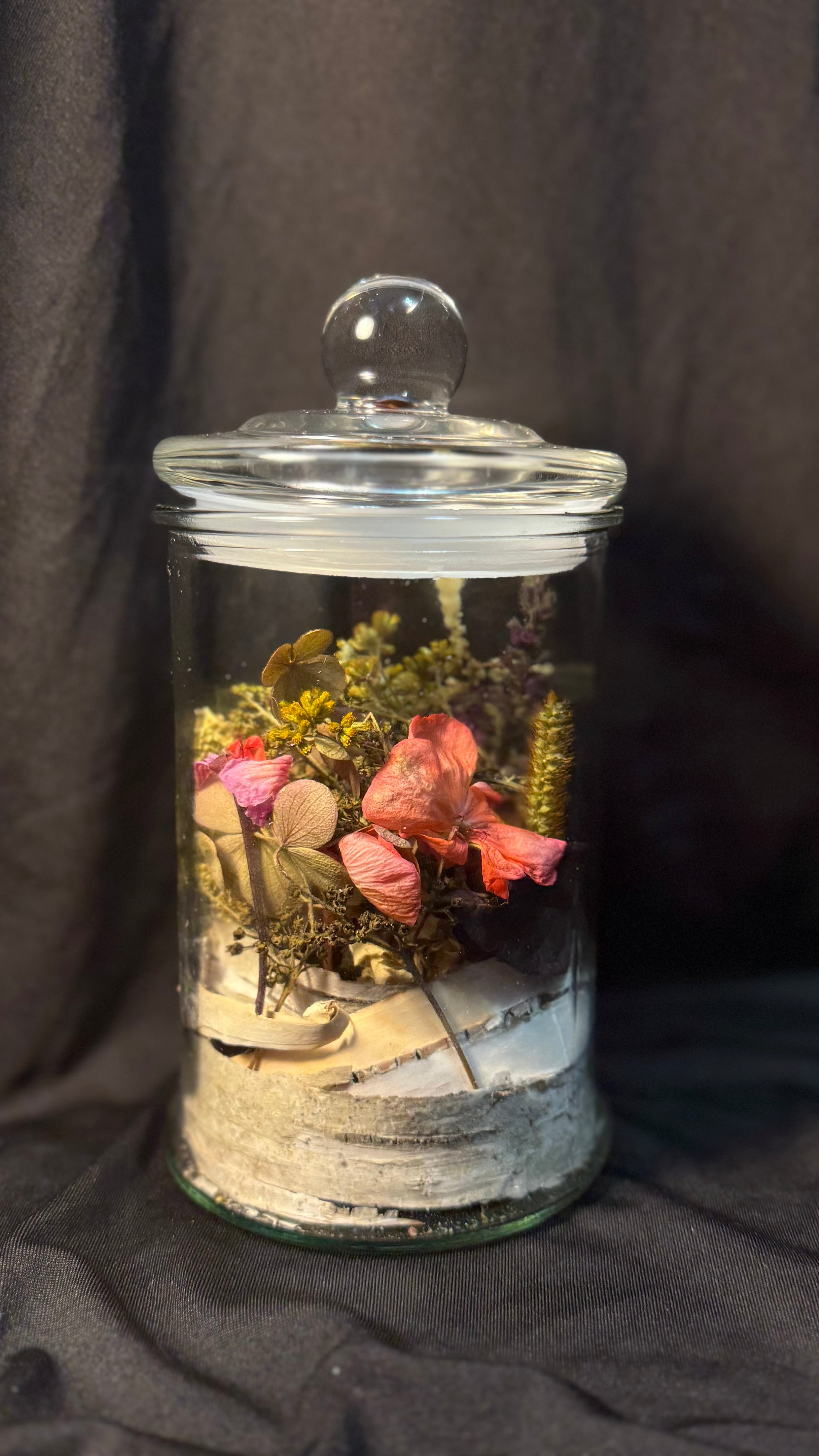 Dried flower and birch bark terrarium