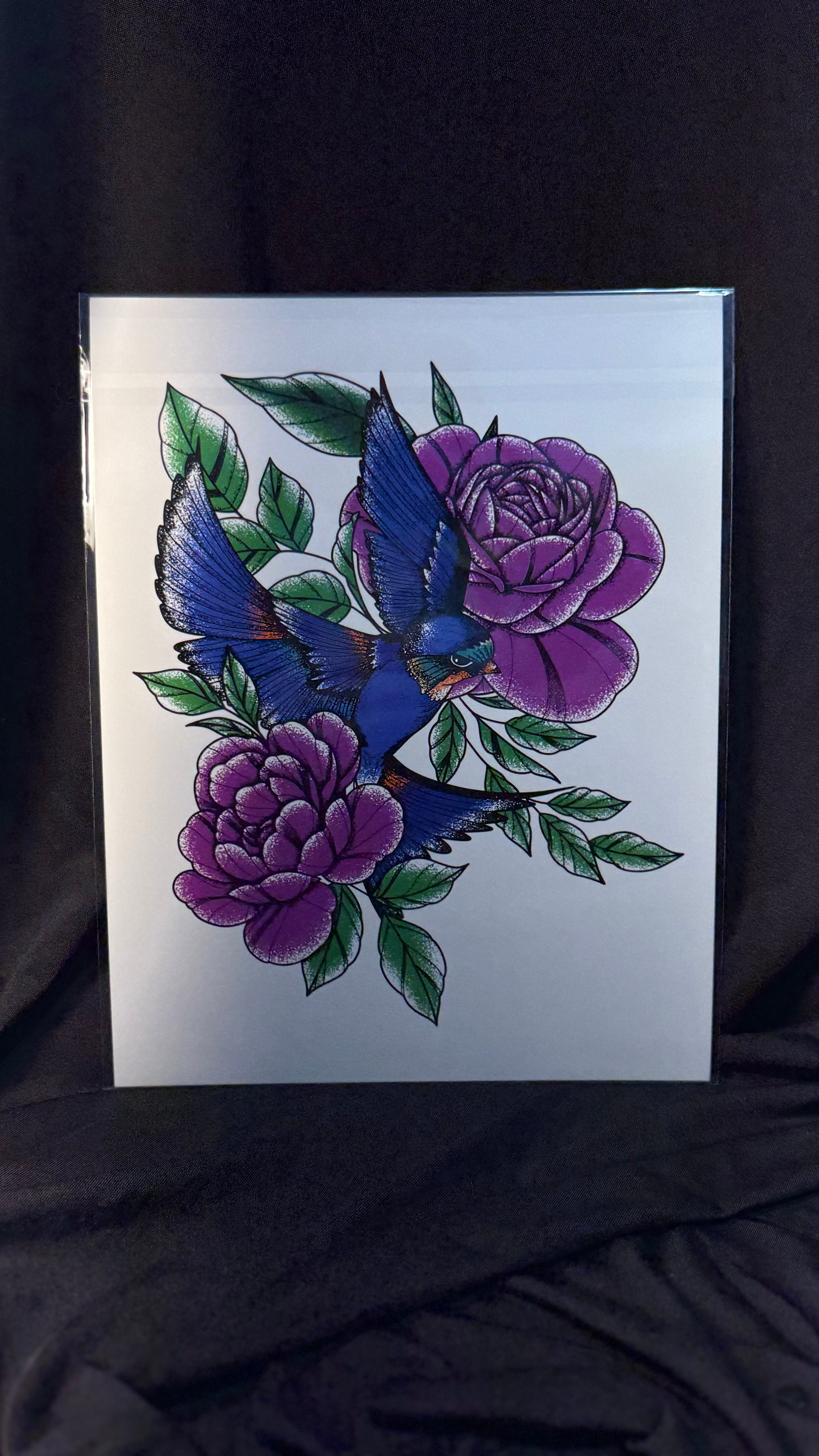 Bird and peonies print