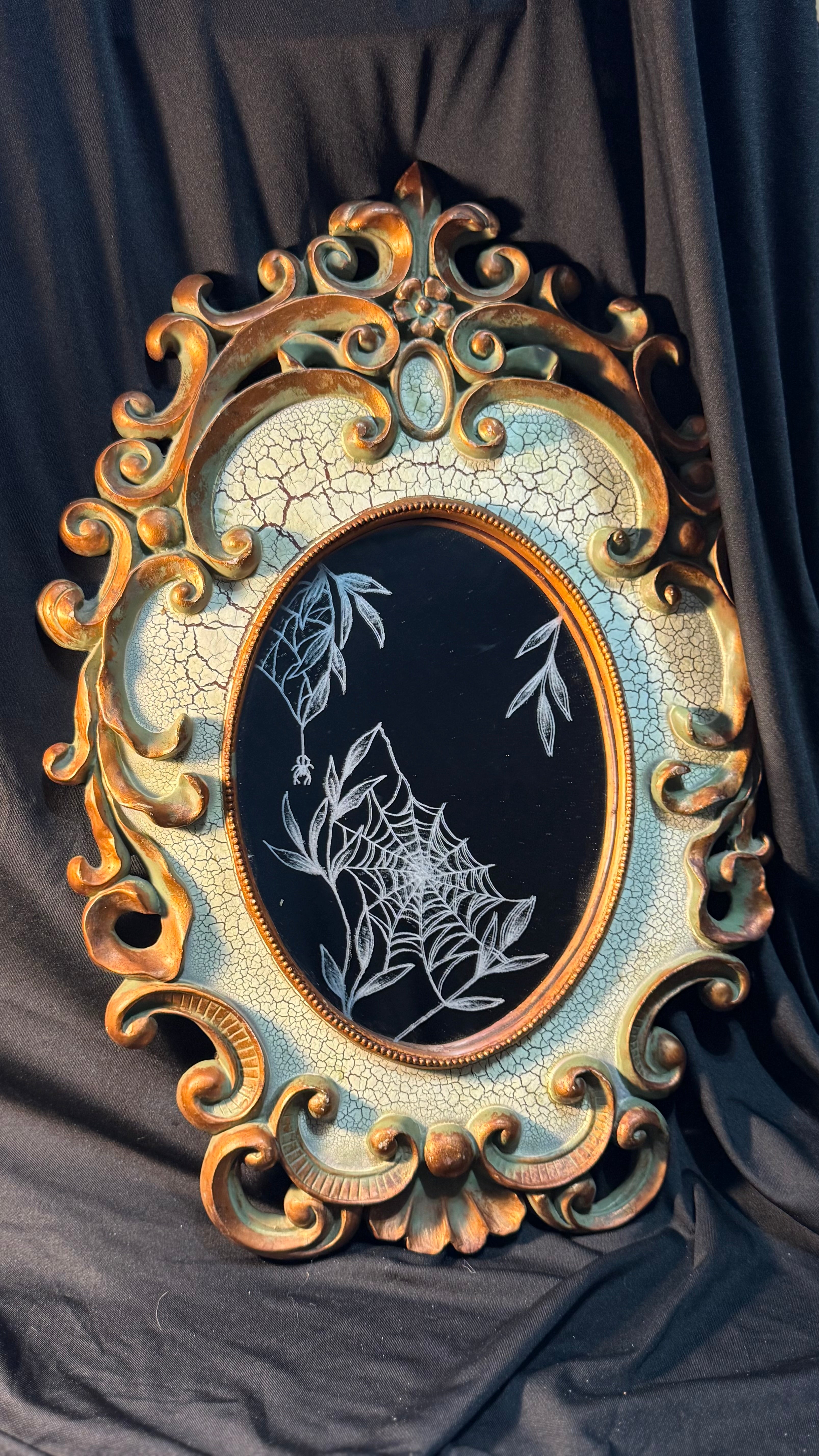 Antique mirror spiderweb engraving