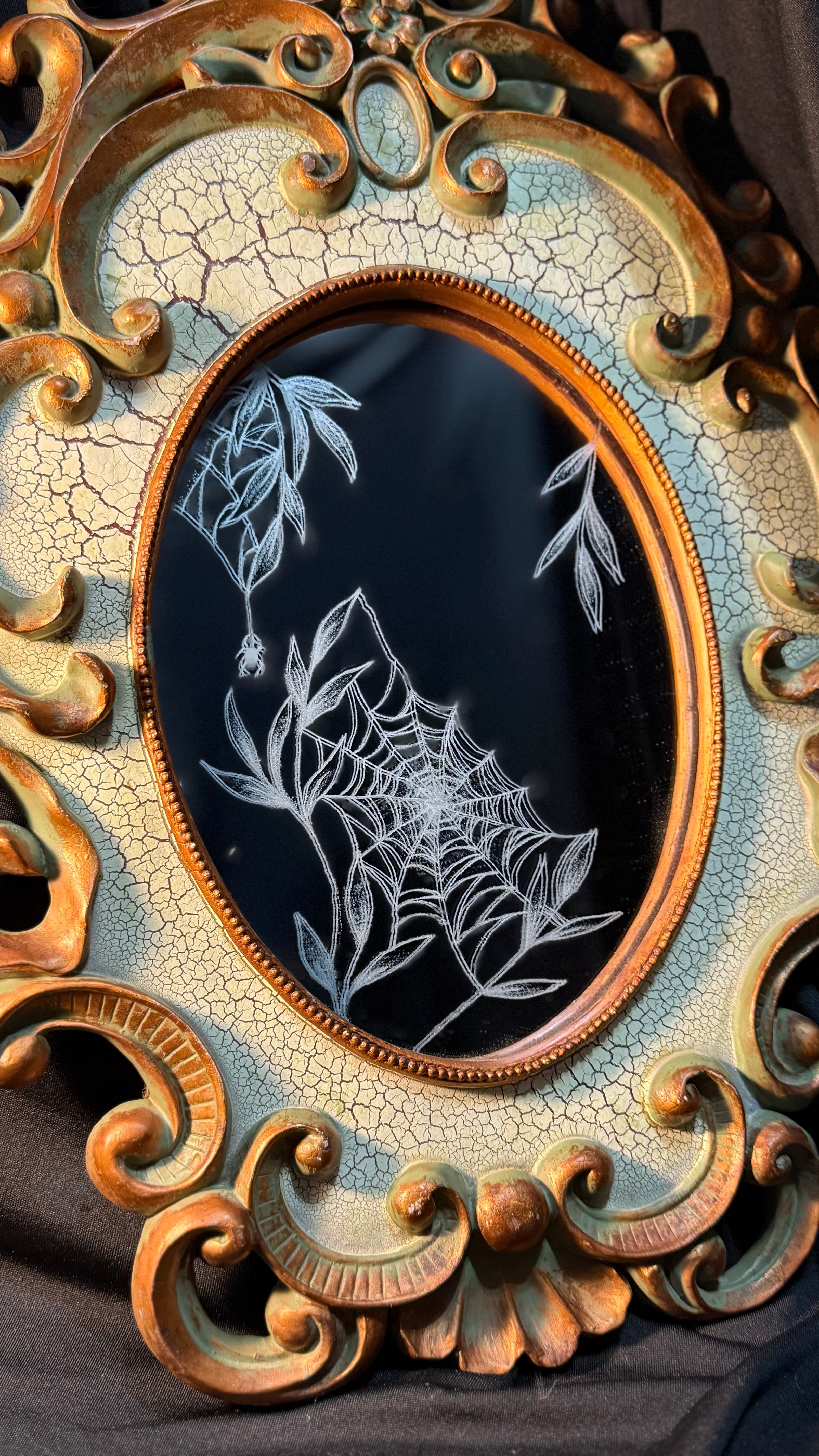 Antique mirror spiderweb engraving